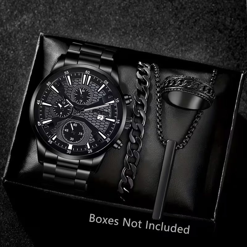 Fashionable 4pcs Men's Quartz Watch Set with Calendar Function Round Dial, Electronic Drive & Pointer Display, Including Pendant Necklace Bracelet& Ring Suitable for Daily Wear