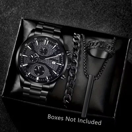 Fashionable 4pcs Men's Quartz Watch Set with Calendar Function Round Dial, Electronic Drive & Pointer Display, Including Pendant Necklace Bracelet& Ring Suitable for Daily Wear