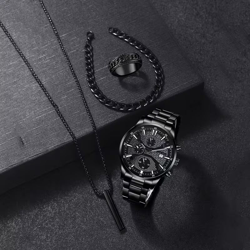 Fashionable 4pcs Men's Quartz Watch Set with Calendar Function Round Dial, Electronic Drive & Pointer Display, Including Pendant Necklace Bracelet& Ring Suitable for Daily Wear