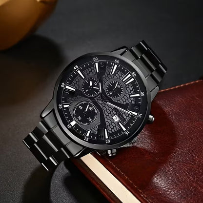 Fashionable 4pcs Men's Quartz Watch Set with Calendar Function Round Dial, Electronic Drive & Pointer Display, Including Pendant Necklace Bracelet& Ring Suitable for Daily Wear