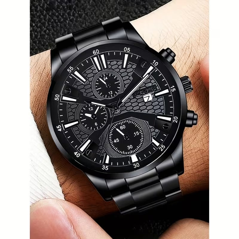 Fashionable 4pcs Men's Quartz Watch Set with Calendar Function Round Dial, Electronic Drive & Pointer Display, Including Pendant Necklace Bracelet& Ring Suitable for Daily Wear