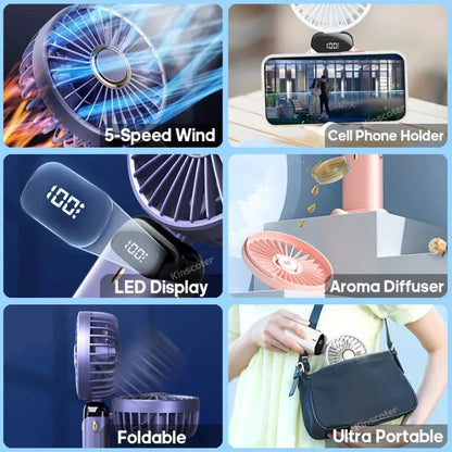 5-Speed USB Rechargeable Mini Handheld Fan – Foldable Portable Neck Fan with Display & Phone Stand