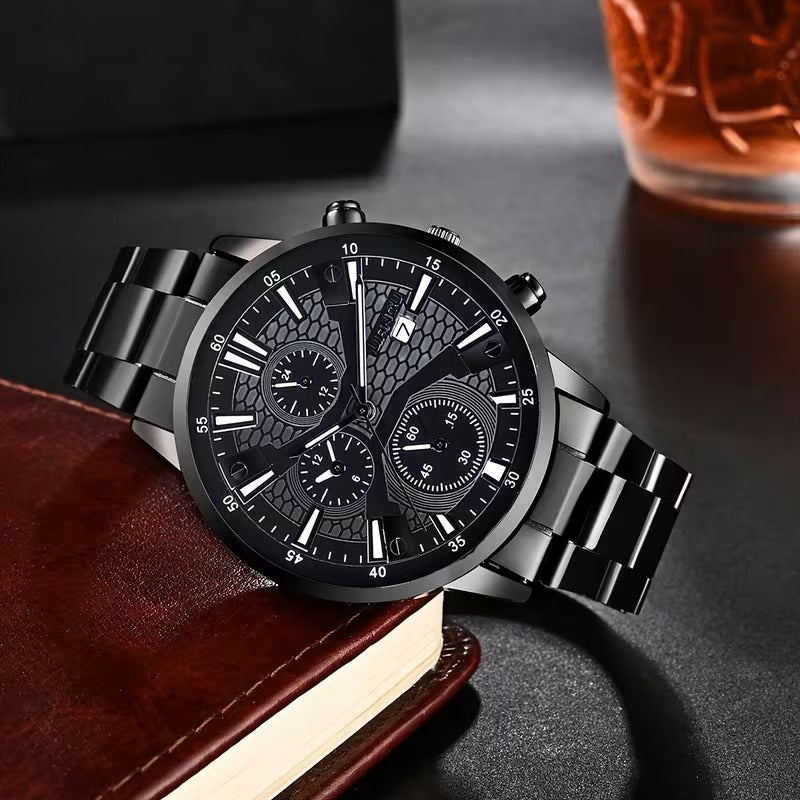 Fashionable 4pcs Men's Quartz Watch Set with Calendar Function Round Dial, Electronic Drive & Pointer Display, Including Pendant Necklace Bracelet& Ring Suitable for Daily Wear