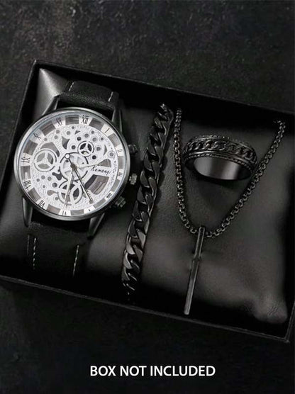 4 Pcs Golden Watch & Jewelry Set